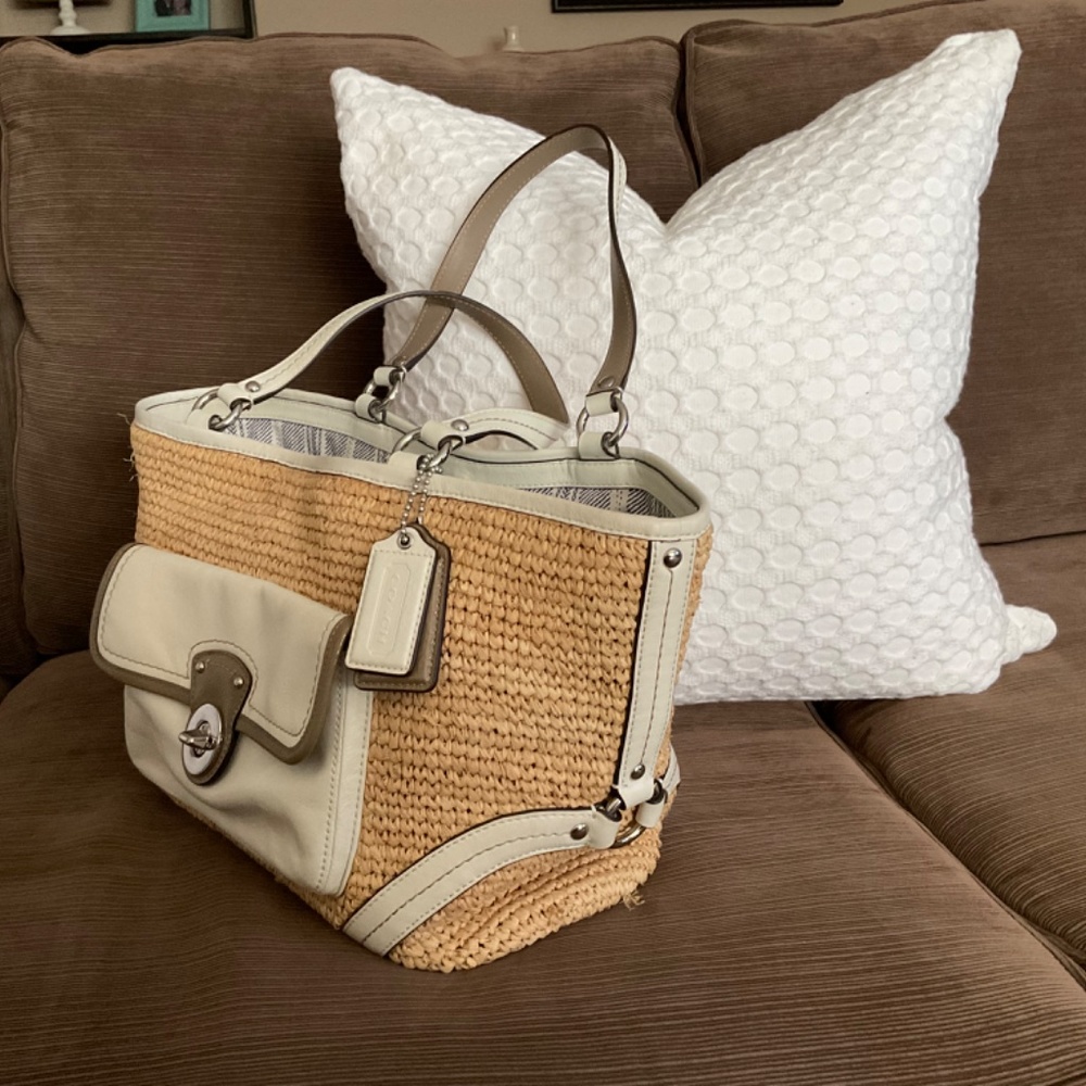 Coach Tan Straw Tote with Cream and Taupe Leather Trim - Picture 3 of 9